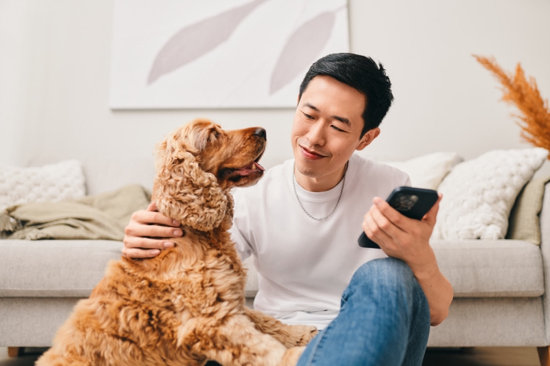 Koira, mies ja älypuhelin