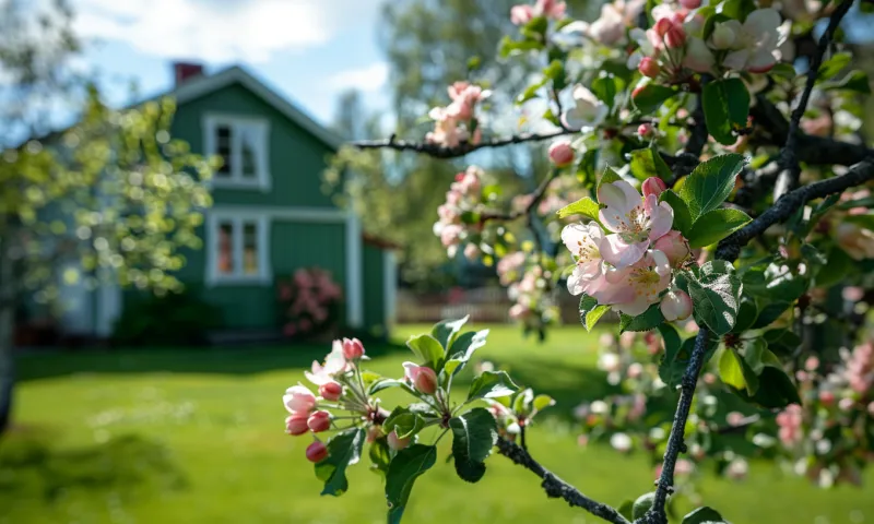 Kuva mökistä puiden ympäröimänä