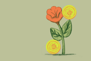 Piirroskuva kukasta ja kolikoista.